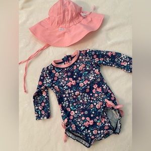 RuffleButts Long Sleeve One Piece Rashguard & Hat 6-12 months